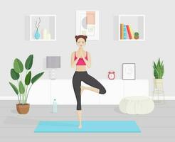 meisje aan het doen yoga Bij huis. gezond levensstijl en huis yoga concept in modern interieur. vector