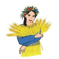 jong boer vrouw vervelend een bloem krans en Holding tarwe in haar handen glimlachen.vector illustratie vector