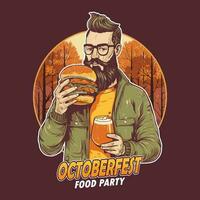 oktoberfeest een gebaard Mens draag- bier en hamburgers vector