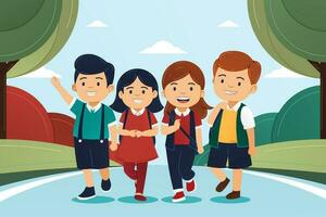 een groep van vrolijk kinderen gaan naar school- gemakkelijk tekenfilm illustratie vector