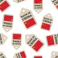 hangen label gemaakt in China sticker met vlag naadloos patroon achtergrond. bedrijf vlak vector illustratie. gemaakt in China teken symbool patroon.