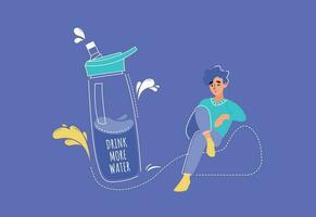 jong Europese Mens oproepen naar drinken een veel van water in vlak ontwerp Aan wit blauw. water evenwicht. drinken meer water voor mooi zo Gezondheid. vector