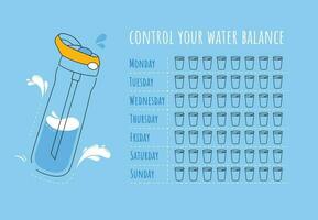 water tracker vector sjabloon. drinken water controlelijst. water tracker met koel water fles. vector illustratie. tekening stijl. vlak stijl