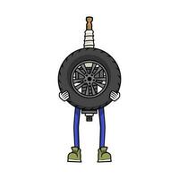 tekenfilm karakter van vonk plug hijs- een auto wiel. band onderhoud concept illustratie. vector