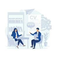 hr specialist hebben een interview met baan aanvrager. baan interview, mannetje kandidaat met CV cv, vlak vector modern illustratie