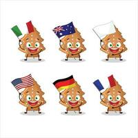 koekjes boom tekenfilm karakter brengen de vlaggen van divers landen vector