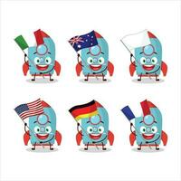 blauw raket voetzoeker tekenfilm karakter brengen de vlaggen van divers landen vector