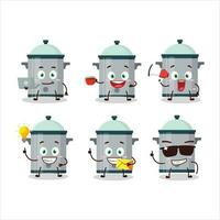 Koken pan tekenfilm karakter met divers types van bedrijf emoticons vector