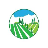 biologisch voedsel logo ontwerp met landbouw veld- en voedsel fabriek concept. vector