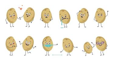 set van schattige karakters aardappelen met emoties, grappige en droevige gezichten, armen en benen. blije helden in de liefde, groenten spelen, dansen, houden afstand. een bron van vitamines vector