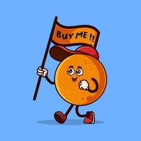 schattig oranje fruitkarakter met een vlag die zegt koop me. fruit karakter pictogram concept geïsoleerd. emoji-sticker. platte cartoon stijl vector