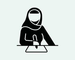 moslim vrouw leerling icoon. Islam Islamitisch conservatief hijab Arabisch Arabisch Arabisch dame meisje schrijven leren. religie zwart wit symbool teken vector eps