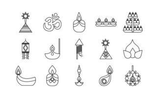 bundel van vijftien diwali set lijnstijl iconen vector