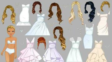 bruiloft dag papier pop met schattig tekenfilm karakter, jurken, kapsels en kettingen. vector illustratie