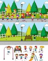 parkscène ingesteld met veel stripfiguren voor kinderen geïsoleerd vector