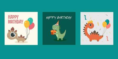 gelukkig verjaardag groet kaarten, ballonnen, geschenken. grappig dinosaurussen Aan vakantie kaarten voor kinderen. vector affiches, tekenfilm stijl.