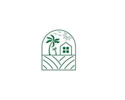 gemakkelijk boerderij huis boom en zon logo ontwerp vector illustratie.