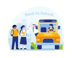 studenten Gaan naar school- door school- bus en begroeten elk ander. terug naar school- concept illustratie vector