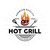 barbecue logo, heet rooster ontwerp met brand en spatel, vector bbq rooster wijnoogst tripografie, retro rustiek logo voor cafe, restaurant, bar