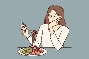 vrouw lijden van anorexia is verdrietig ten gevolge naar gebrek van eetlust en zit Bij tafel met spaghetti en salade in bord. mager meisje met ziekelijk uiterlijk lijdt van anorexia na mis eetpatroon vector