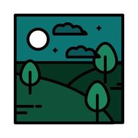 landschap bos bomen nacht maan lucht wolken tekenfilm lijn en vulling stijl vector