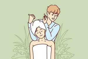 vrouw bezoeken massage therapeut in spa salon en zit in handdoek genieten van ontspannende behandelingen. Mens werken in spa centrum geven schouder en nek massage naar bezoeker in nodig hebben van handleiding procedures vector