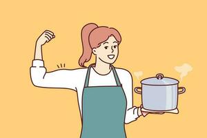 vrouw koken houdt pot van soep en shows biceps net zo teken van trots in vermogen naar koken complex gerecht. meisje huisvrouw in schort glimlacht uitnodigend naar eten heerlijk eigengemaakt voedsel van gezond ingrediënten vector