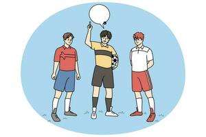 scheidsrechter met Amerikaans voetbal spelers aankondigen eerlijk Speel Aan veld. sport- werkzaamheid concept. mannen spelen Amerikaans voetbal buitenshuis. vlak vector illustratie.
