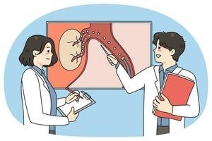 artsen brainstorm praten over geduldig embolisatie. medisch collega bespreken diagnose op zoek Bij orgaan afbeelding. hepatologie en lever probleem. vector illustratie.