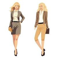 elegant bedrijf Dames in formeel kleren. baseren garderobe, vrouwelijk zakelijke jurk code. Dames in kantoor kleding.vector illustratie met geïsoleerd karakters. vector