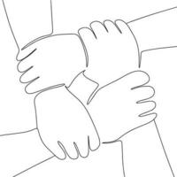 een lijn doorlopend team handen. vriendschap, samenspel concept banier in lijn kunst hand- tekening stijl. schets vector illustratie.