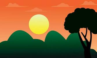 vector landschap met silhouetten van bergen bomen, gouden zonsopkomst over- hoog berg pieken.