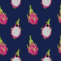 draak fruit patroon Aan donker blauw achtergrond. pitahaya in vlak stijl. exotisch fruit naadloos patroon vector