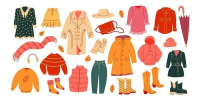 Dames capsule herfst garderobe. gewoontjes kleren. herfst, winter kleding, schoenen en accessoires. vector
