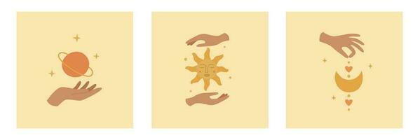 reeks van mystiek logos met vrouw handen, zon, planeet en maan. sjabloon voor boho ontwerp, astrologie, horoscoop vector
