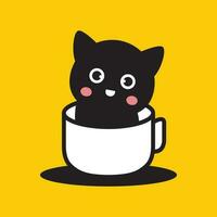 katje kat huisdieren schattig spelen glas drinken koffie thee tekenfilm mascotte modern minimaal logo icoon vector illustratie
