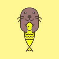 zegel pup vangen vis schattig mascotte tekenfilm minimaal abstract modern kleurrijk logo icoon vector illustratie