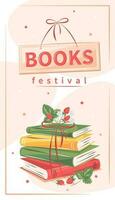 boek festival. lay-out ontwerp voor boekhandel, bibliotheek. boeken met bloemen en aardbeien. vector illustratie