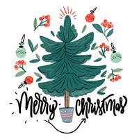 Leuke kerstboom, bladeren, kerstbal en citaat vector