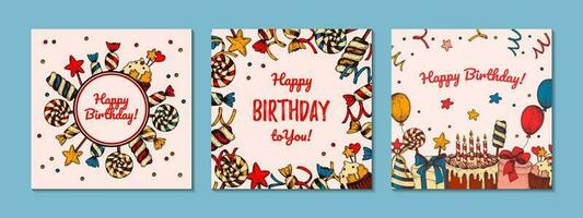reeks van gelukkig verjaardag groet kaarten. hand- getrokken ontwerp. feestelijk achtergrond. verjaardag partij uitnodiging. vector illustratie