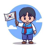 schattig jongen vervelend traditioneel kleren en Holding Koreaans vlag tekenfilm vector icoon illustratie