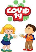 covid-19-lettertype in cartoonstijl met twee kinderen houdt geen sociale afstand geïsoleerd op een witte achtergrond vector