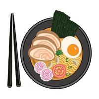 handgetekende illustratie van Japans eten ramen noodles met verschillende toppings vector