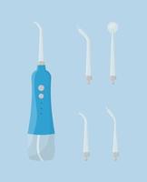 draagbare monddouche en verschillende hulpstukken ervoor platte vectorillustratie van producten voor mondhygiëne en hulpmiddelen voor het reinigen van tanden vector