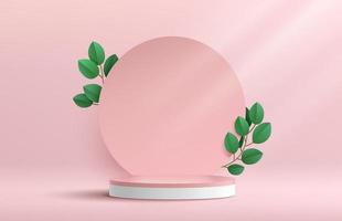 modern wit en roze cilinder voetstuk podium. roze pastel cirkel achtergrond met groene blad decoratie. vector rendering 3D-vorm voor product display presentatie. minimale wandscène. abstracte studioruimte.