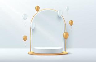 modern wit en goud cilinder voetstuk podium. zilveren kleur minimale muurscène met geometrische achtergrond. witte ballon versieren. vector rendering 3D-vorm, product display presentatie. abstracte kamer.