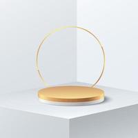 abstract vector rendering 3D-vorm voor product display presentatie. moderne cilinder wit en gouden voetstuk podium met gouden ring versieren achtergrond. minimale muurscène, studioruimte.