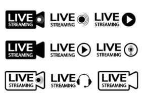 pictogrammen voor livestreaming. zwarte omtreksymbolen en knoppen van live streaming, uitzending. online streamknoppen met koptelefoon, microfoon en videocamera vector