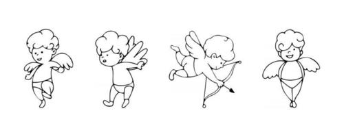 set van cupido's in cartoon schets stijl geïsoleerd op de achtergrond. eenvoudige verzameling doodles met cupido's. overzicht vectorillustratie voor Valentijnsdag. vector