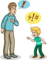 karikatuur illustratie van vader pratend naar zoon boos met toespraak bubbels vector